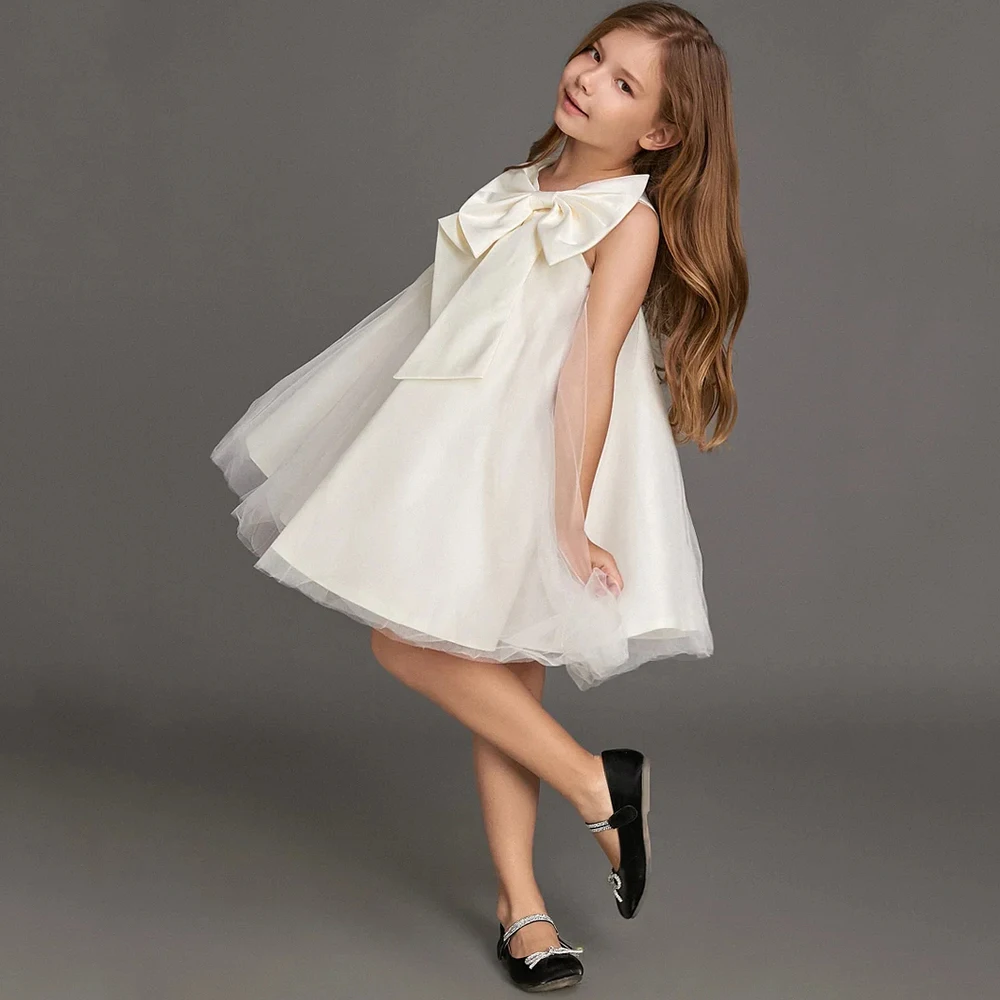 Delicate Sleeveless Flower Girl Dresses Cute A-Line Knee-Length O-Neck with Bow Baby Festival Birthday Party Simple Gowns