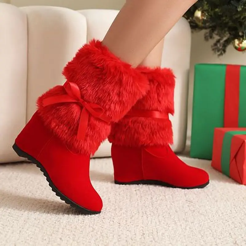 Festive Red Wedge Boots Women Fluffy White Fur Cuff & Red Bowknot Round Toe Warm Fleece Lined Winter Holiday F600