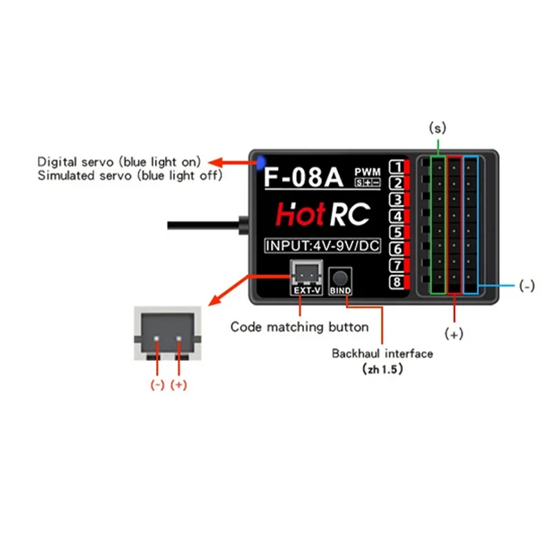 HOTRC F-08A/F-08AT 8 canais 8CH 2.4Ghz receptor giroscópio de retorno de tensão para CT-8A HT-8A transmissor RC carro barco tanque avião drone