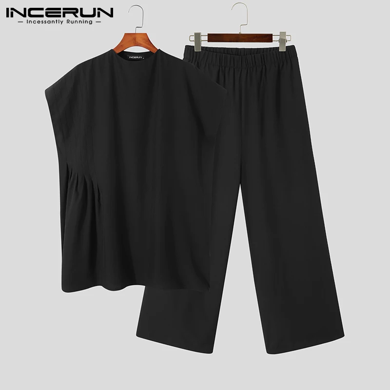 INCERUN Men Sets Muslim Clothing 2024 Loose O-neck Short Sleeve T Shirt & Wide Leg Pants 2PCS Solid Color Men Casual Suits S-5XL