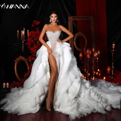 Sexy Side High Slit Bridal Dress Sparkly Pearl Wedding Gown Luxury Detachable Train Pleat Bride Robe Customized Vestido De Novia