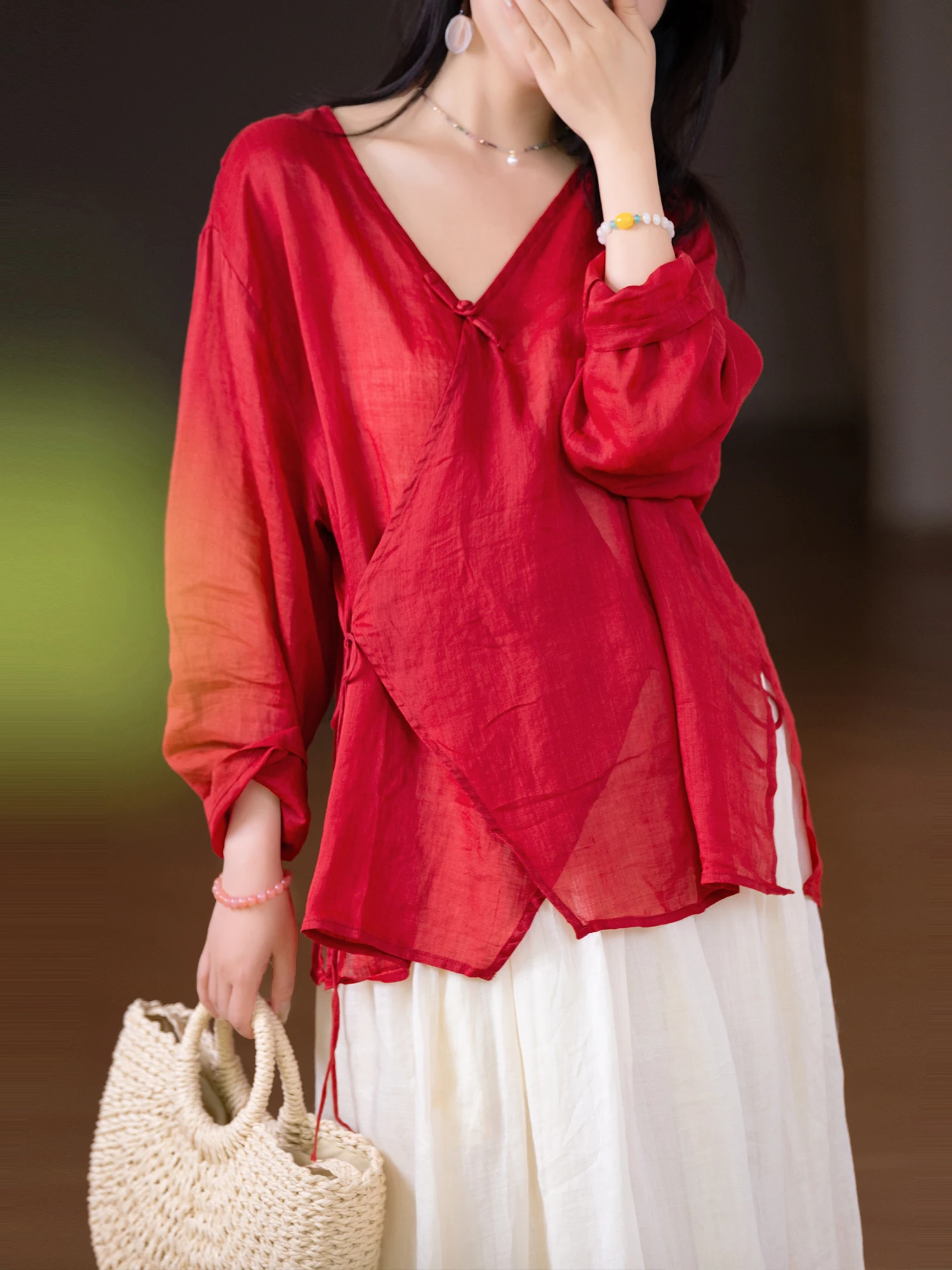 

Легкий женский кардиган из 100% льна с V-образным вырезом, свободного кроя, с асимметричным подолом, в китайском стиле, для повседневной носки