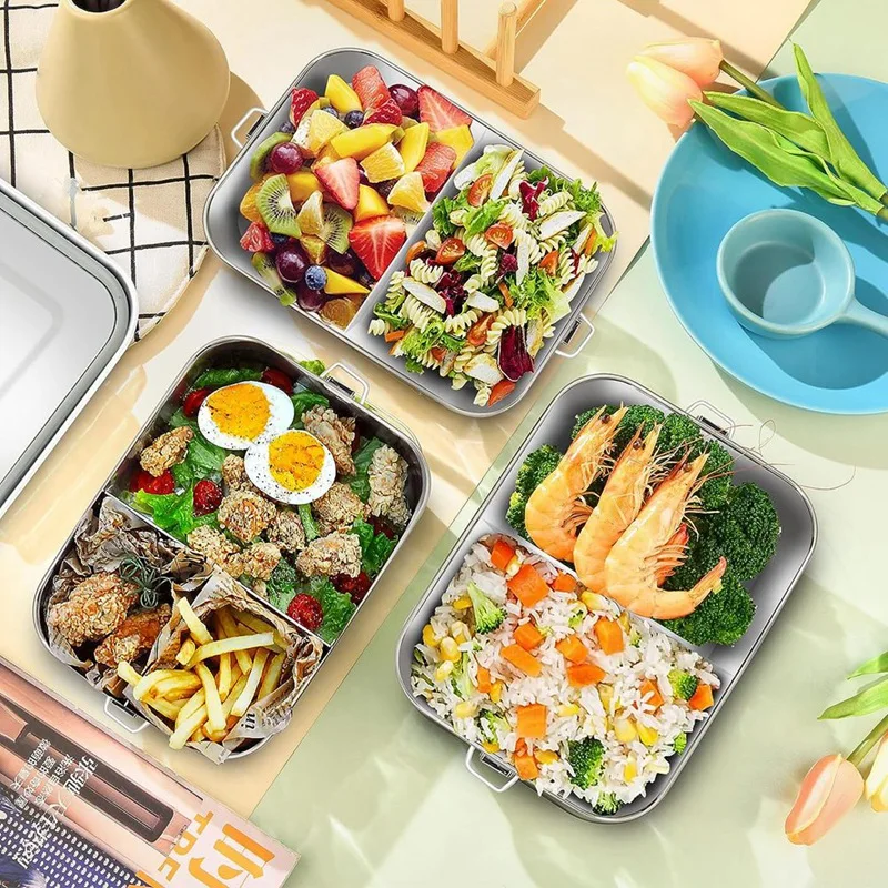 1 PCS Lunch Box Silver 1200 Ml Lunch Box Leak-Proof With Removable Divider, Lunch Boxes,Environmentally Friendly