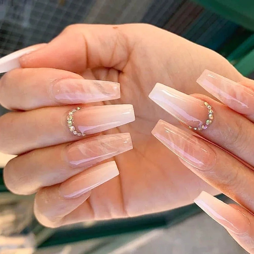 24Pcs/Set French Long Ballet Fake Nails Removable Acrylic Press on Nail Full Cover Adhesive Square Head Wearing False Nails Art