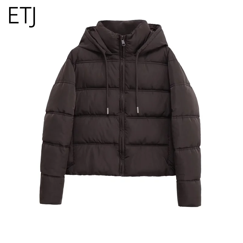 

ETJ 2025 зимняя новая женская теплая короткая хлопковая куртка для поездок на работу, стеганое толстое пальто с капюшоном