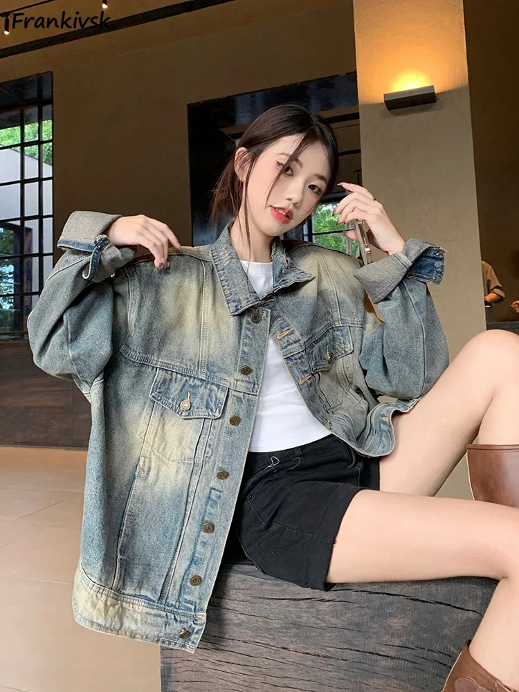 Denim Jackets Women Autumn Do Old Loose Streetwear American Style Fashion Cool Girl Temperament Boyfriend Frayed Leisure Chic