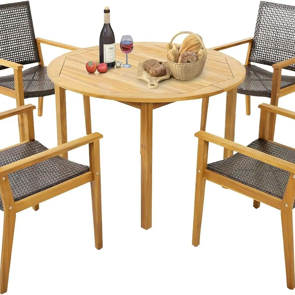 

Набор плетеных кресел для улицы из 4 предметов с круглым обеденным столом из дерева акации для патио, сада или у бассейна