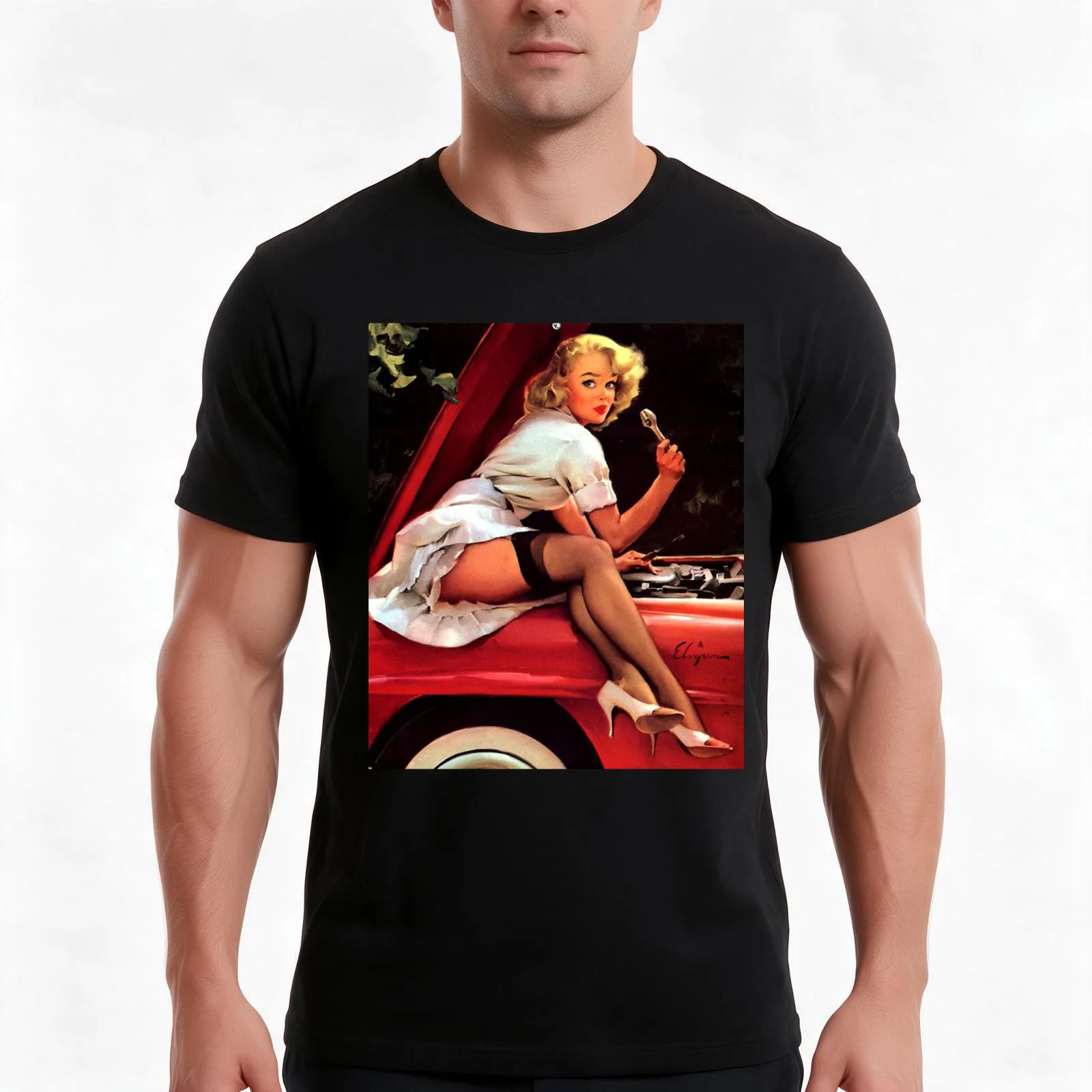 Gil Elvgren Mechanic Pin Up Girl T-Shirt, Summer Casual Cotton Tee, Oversized Streetwear Tops, Vintage Graphic Print