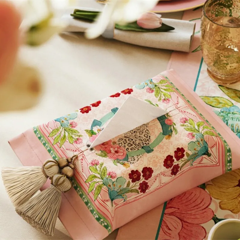 Vintage Jungle Leopard Floral Velvet Tissue Box Cover 18x24cm Elegant Rectangular Napkin Case with Tassel Trim for Living Room