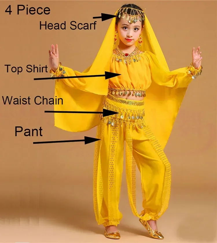 Trajes de dança do ventre infantil para meninas, conjunto de trajes de dança de palco indiano oriental, 4 peças (camisa superior + lenço de cabeça + corrente de cintura + calça)