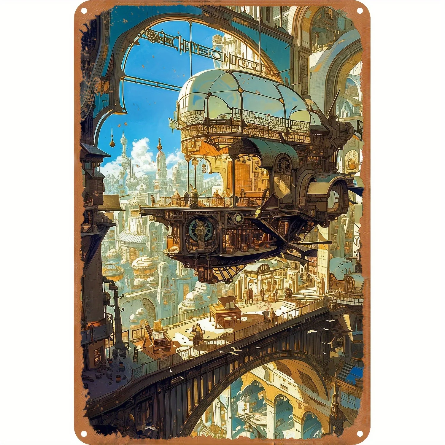 Vintage Steampunk Sky City Landscape Metal Tin Sign,  , Antique Iron Wall Art, Multipurpose Decor for Home, Office, Hotel, Cafe