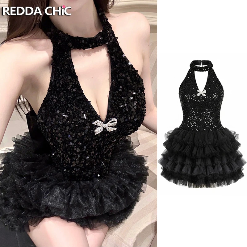 

Платье ReddaChic Glitter Black Cake с блестками, бантом, без рукавов, с лоскутными вставками, многослойными оборками, пышное, для коктейльных вечеринок, женская одежда