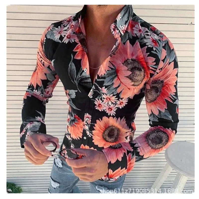 Blouse Men Summer Casual New men's Sunflower Floral Print Lapel Turn Down Collar Shirt Autumn 2025 Top men's Clothing