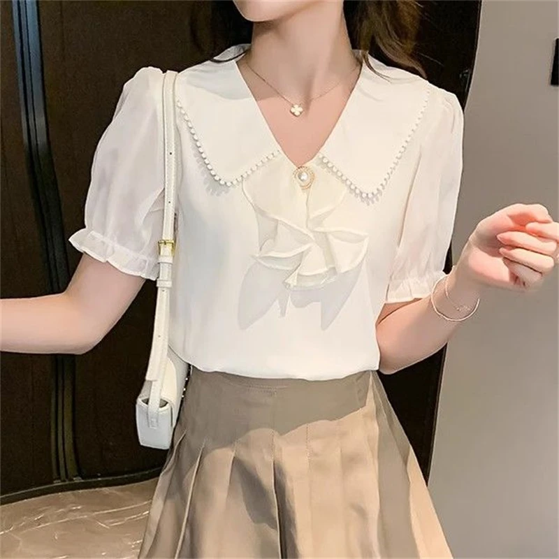 Women Stylish Ruffles Beaded Lace Blouses Elegant Sweet Chic Short Sleeve Shirts Summer Solid Slim Chiffon Tops Blusa De Mujeres