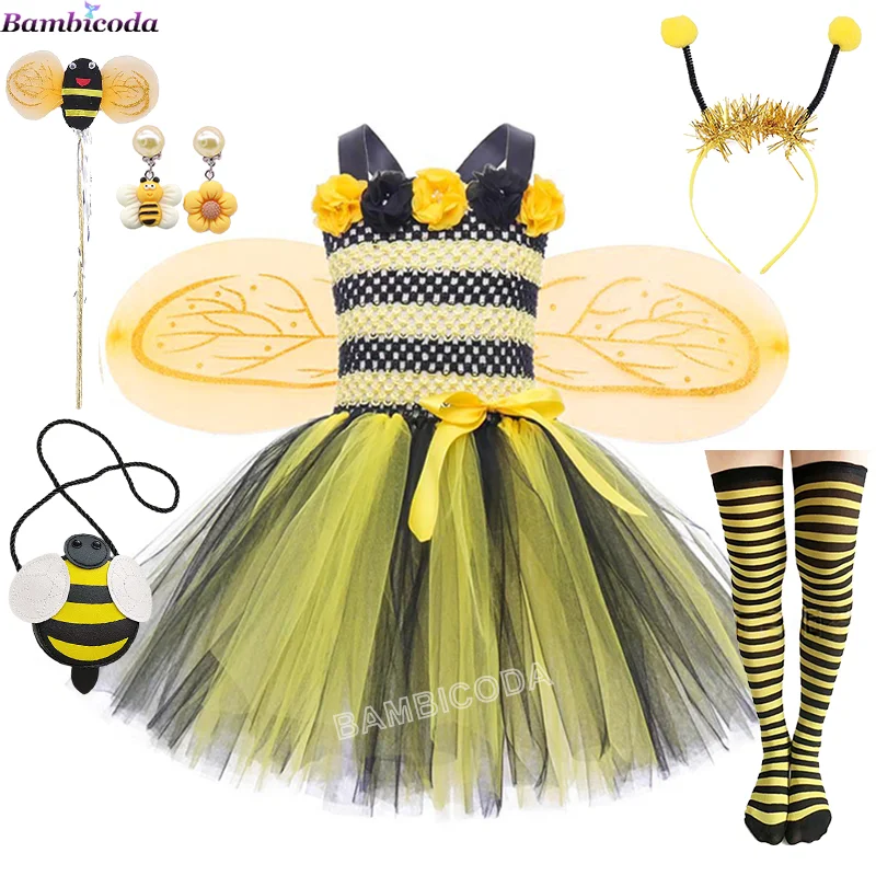 NEW Girls Cosplay Bee Costume Sleeveless Tulle Dress Headband Leg Warmers Wand Wing Sets for Cosplay Party Halloween Outfit