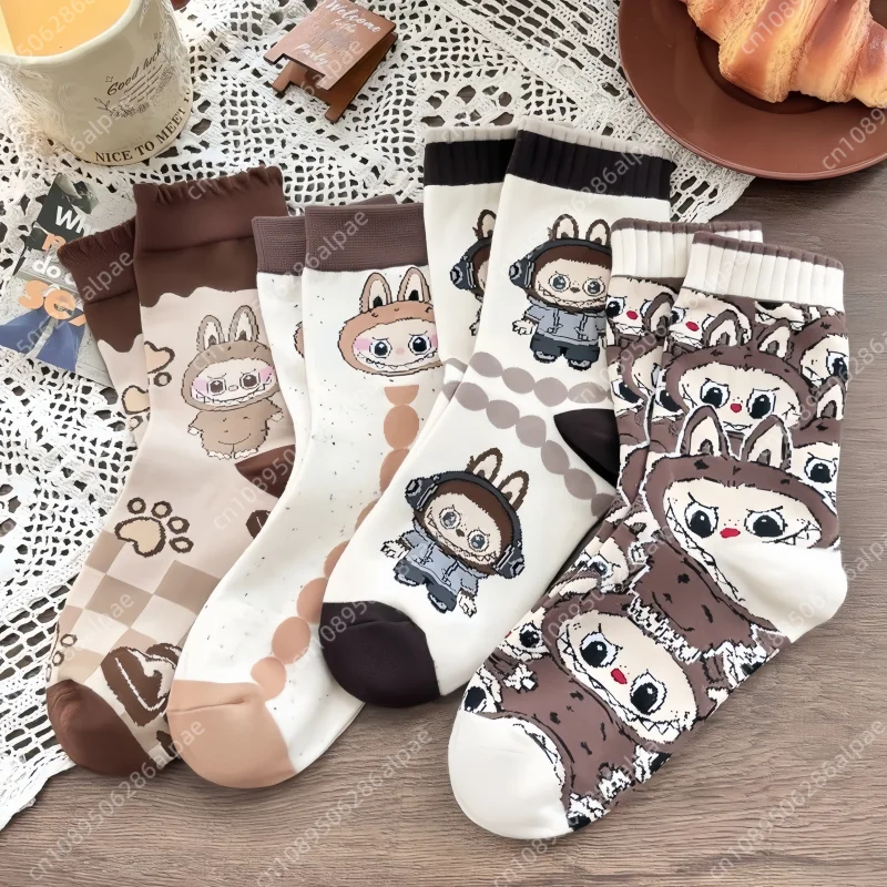 Labubu Cartoon Socks Autumn And Winter New Combed Cotton Medium Tube Women Socks Anime Cartoon Trendy Brand Long Tube Daily Gift