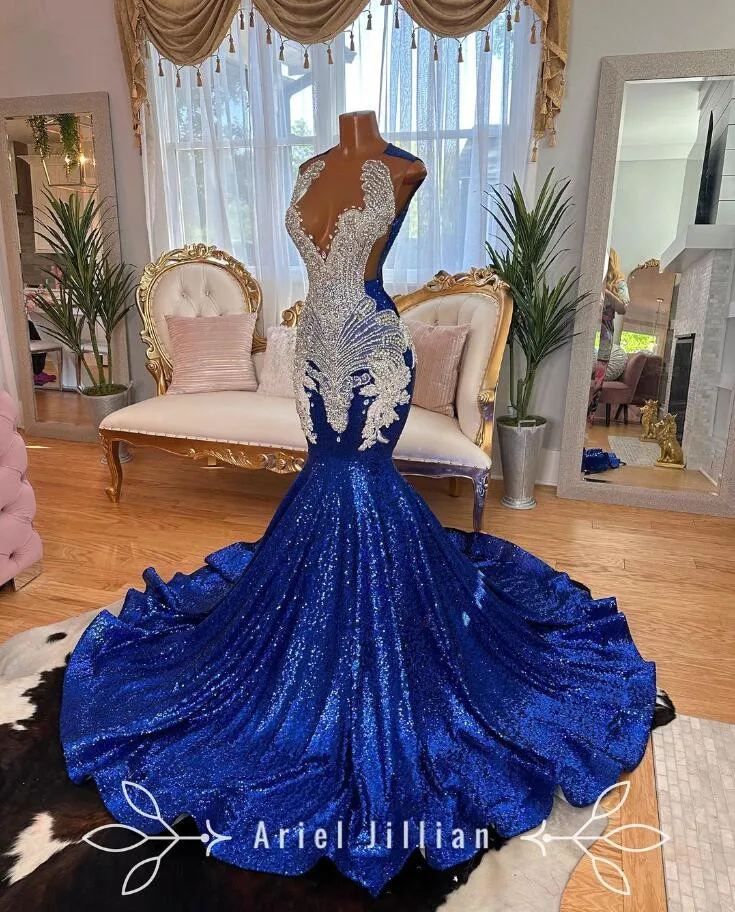 Abiti da compleanno scintillanti blu royal Trumept da ballo per le donne Abito da sera Gillter di cristallo con diamanti di lusso abend kleid luxus 2024