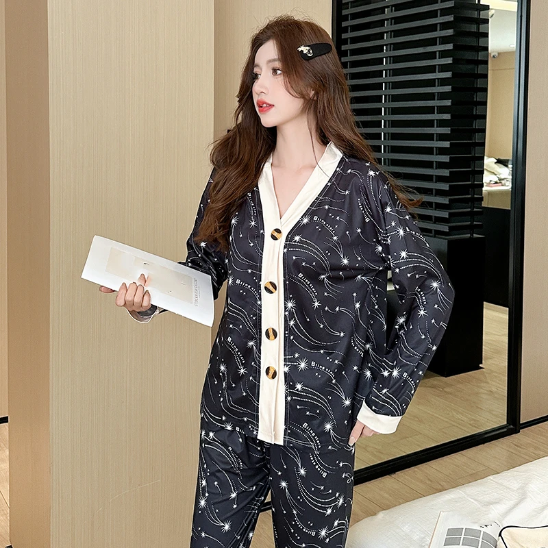 Korean Fashion Luxury Plus Size Women\'s Pajamas Long Sleeves Loose V-neck Homewear Sets Star Print Autumn Casual Sleepwear