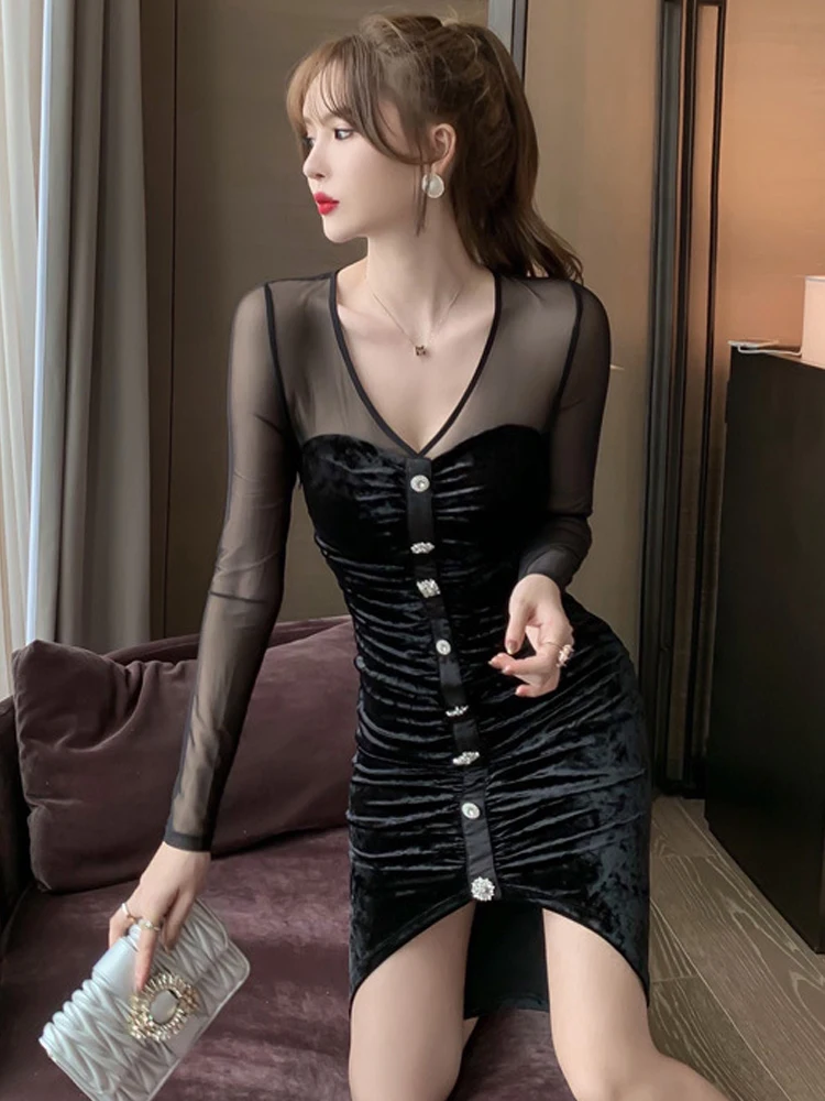 المرأة خمر شيك فستان قصير سيدة مثير أسود بقماش شفاف تقسم الماس أزرار Bodycon ثوب أنثى حفلة Vestidos الربيع