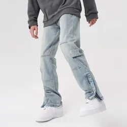 Cyber Y2K-Jeans baggy déFlexpour hommes, pantalons bleus, vêtements pour hommes, fermeture à glissière de rinçage, droit, vieux denim, fjPantalones zones bre, mode 2023