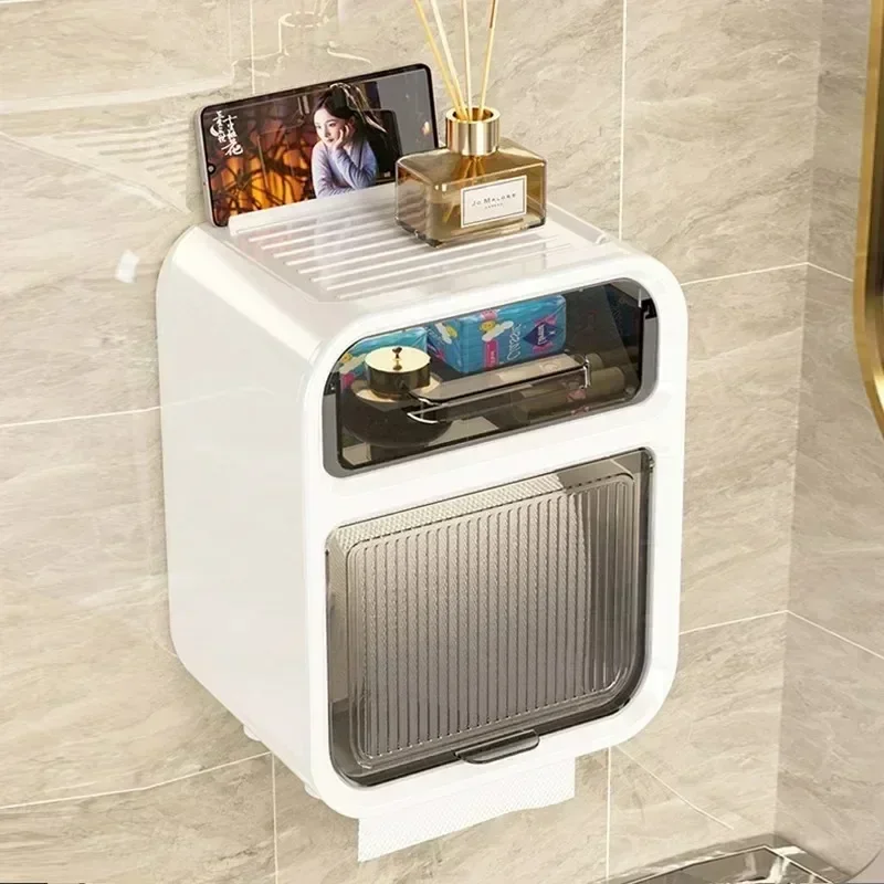 Toilet Tissue Box, Wall Mounted Roll Paper Tube, Paper Drawer, Storage, Bathroom Double Layer Storage Rack Toilet Roll Holder image 2