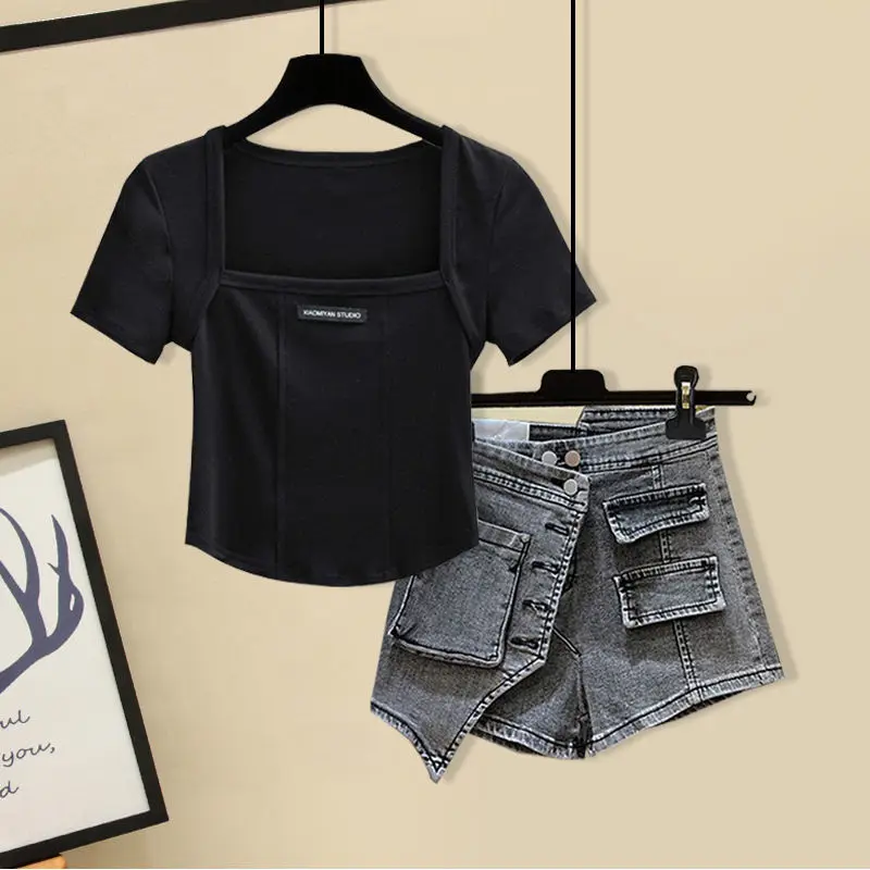 Large Women\'s Summer Suit Women\'s 2024New Korean Short Sleeve Top Irregular High Waist Jeans Two Piece Set