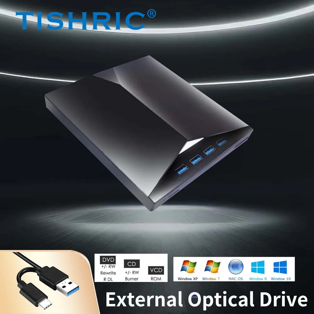 TISHRIC Type C USB External DVD CD Drive 6 In 1 4 Ports USB TF SD Card Reader External CD DVD Burner Reader Write For PC Desktop