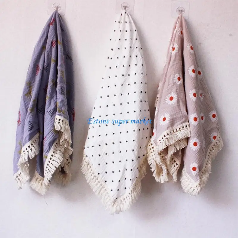 

090B Baby Tassel 2 Layer Soft Cotton Receiving Blanket Muslin Quilt Bath Towel Infant Stroller Cover