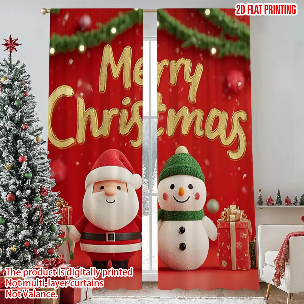 

2pcs 2D flat printing Merry Christmas Curtain Merry Red Christmas Durable 100% Polyester Fabric Without Electricity Festive Wall