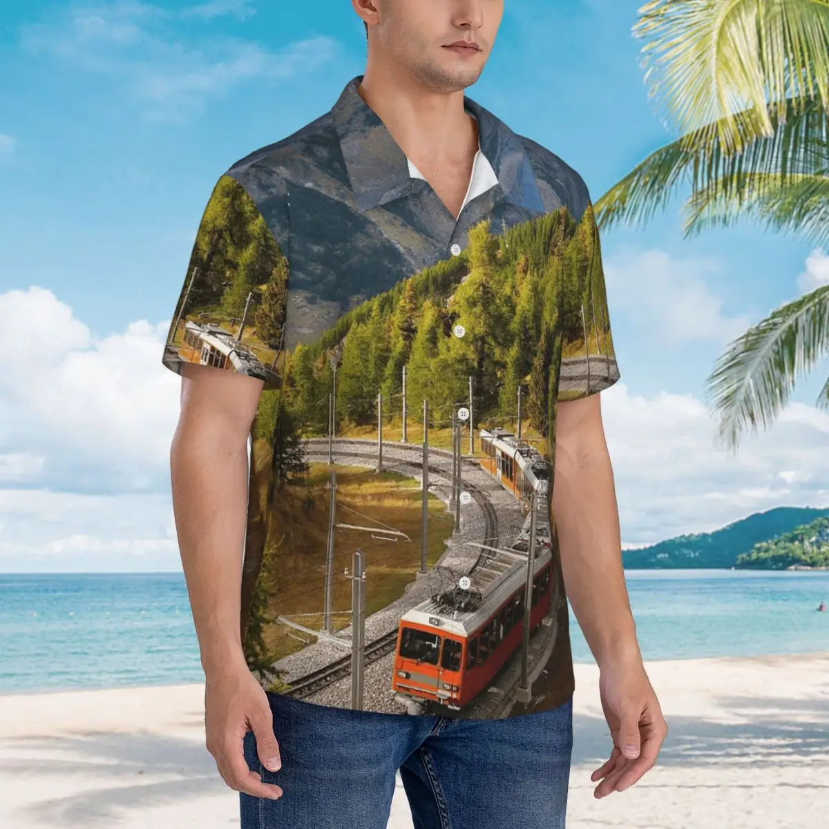

Красивые пейзажи Along The Train Route Гавайские рубашки Забавная мужская рубашка с коротким рукавом для лета, пляжа, мужские топы на пуговицах