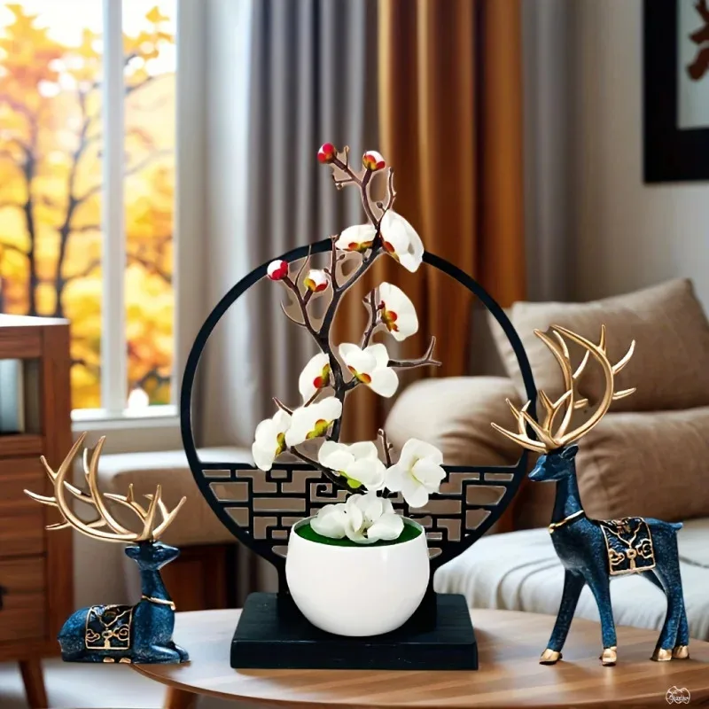Chinese-Style Artificial Plum Blossom Bonsai (Elegant) - Screen Base Set, Ideal for Home & Office Decoration