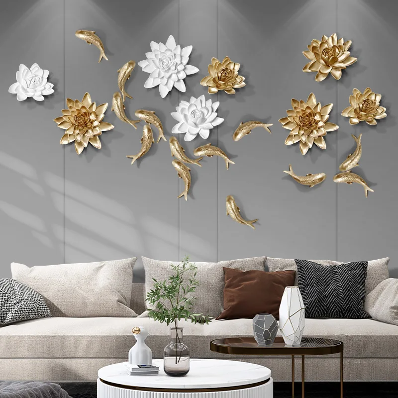 Décoration murale en résine de poisson Koi doré JinLi Feng Shui chinois, figurine de poisson et de fleur porte-bonheur, art mural suspendu pour salon