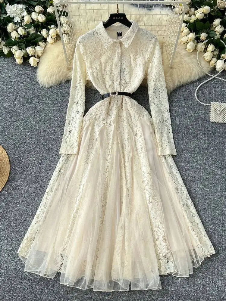 Frauen Französisch Vintage Elegante Kleid Herbst Winter Häkeln Spitze Patchwork Mesh Unregelmäßige Lange Kleider Damen Hemd Lange Robe