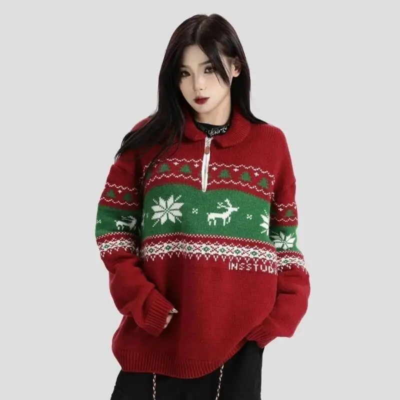 

Women's Pullover Sweater Pullover Fair Isle Knit Christmas Sweatshirt Autumn Winter Loose Fit Cozy Feel High End Collar Half Zip