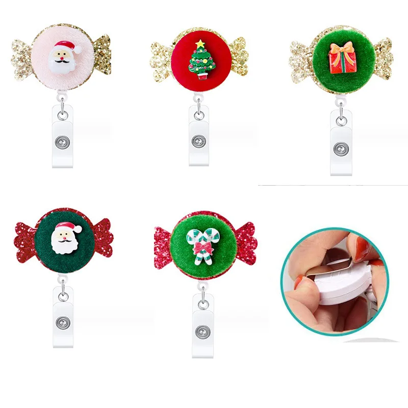 Christmas Retractable Badge Holder Santa Claus Tree Candy Gift Rotating Id Badge Reel For Party Xmas Decor