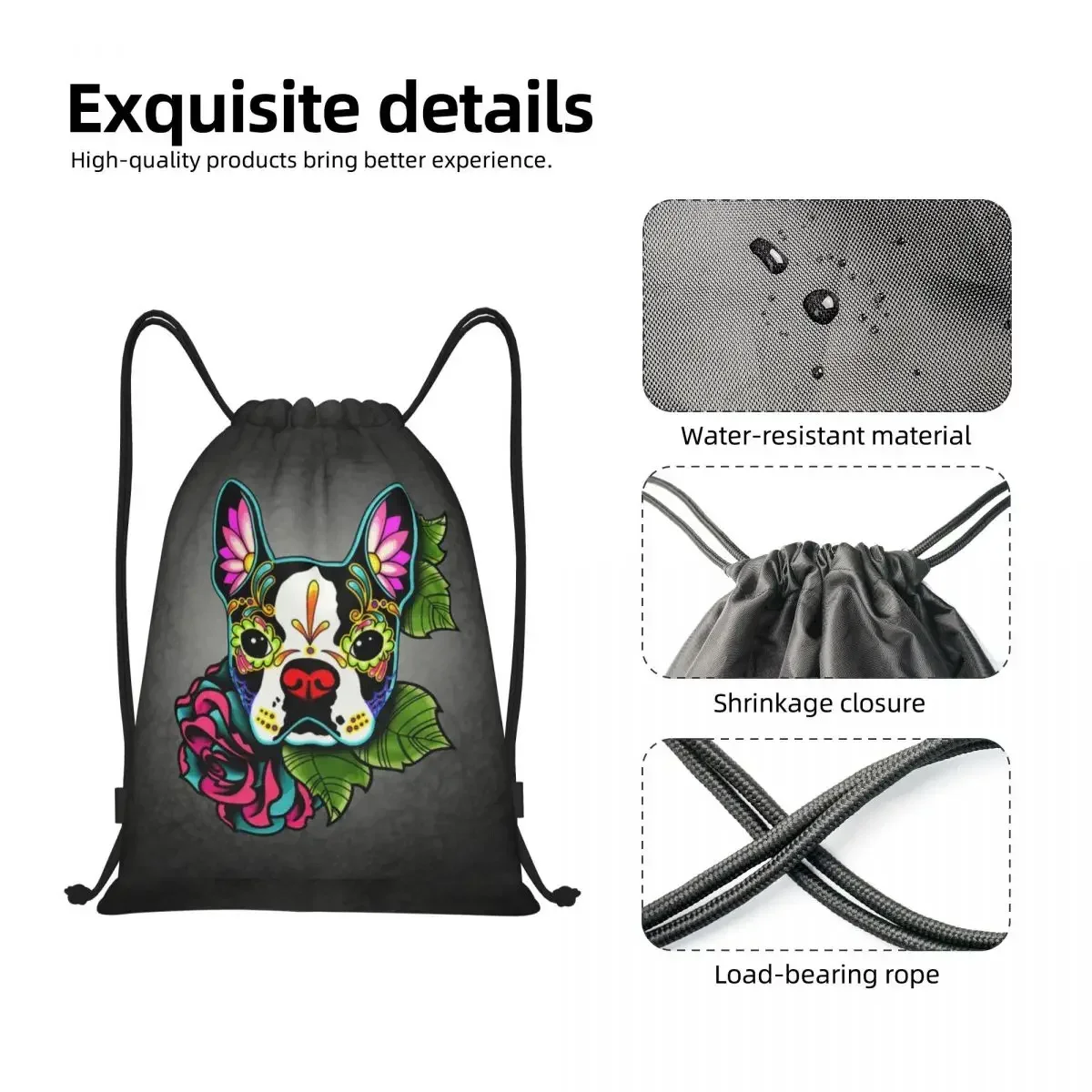 Mochila con cordón para hombre, bolsa ligera con diseño de calavera de azúcar, perro, gimnasio, deportes, viaje, Día de los muertos, Boston Terrier