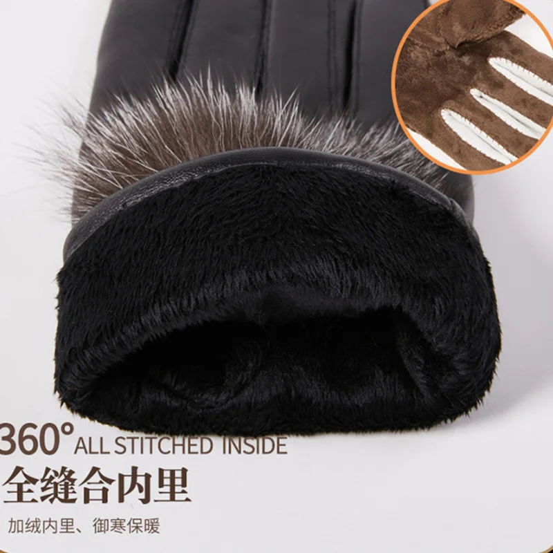 Female Touch Screen Leather Mittens for Women, Warm Driving Gloves, Anti Slip Fox Hair Ball Sheepskin Gloves, Autumn and Winter