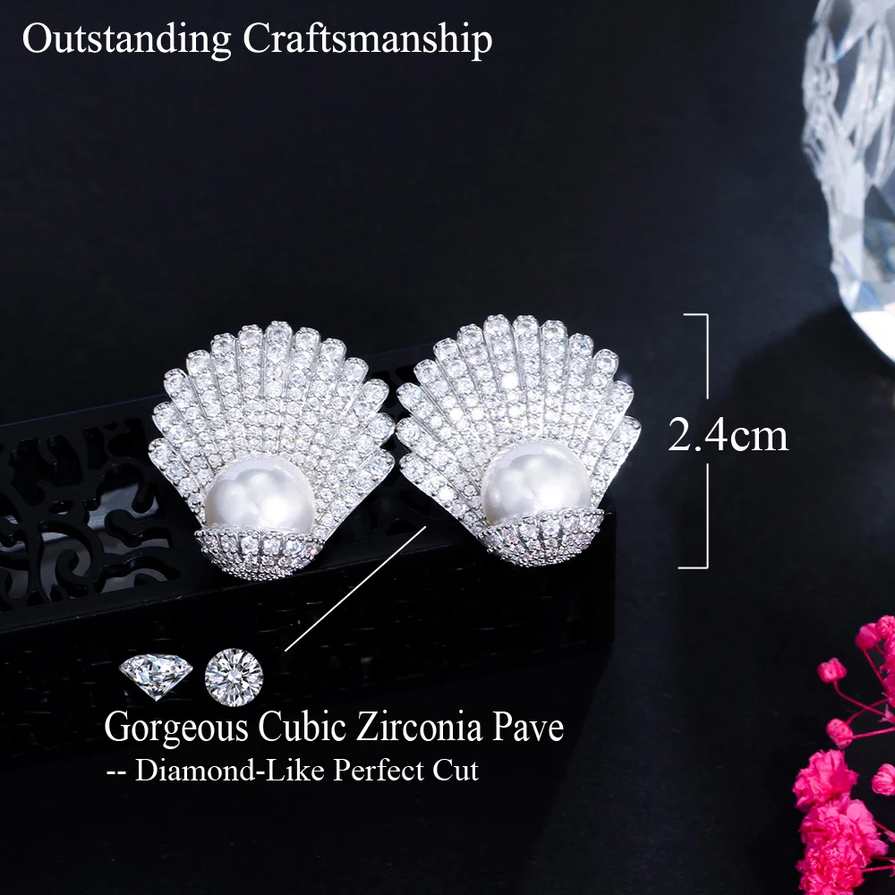 CWWZircons Unique Trendy Design Shell Shaped White Cubic Zircon Big Pearl Earrings for Women Silver Plated CZ Jewelry Gift CZ271