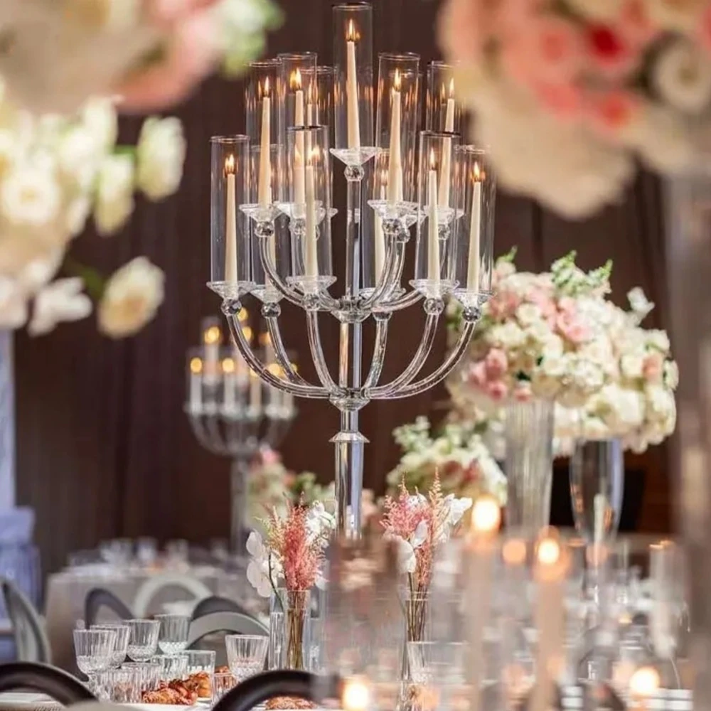 4pcs)Customized Wedding Table Centerpieces Modern Tall Clear Crystal Cylinder Candelabra 13 Arms for Event Party Decor