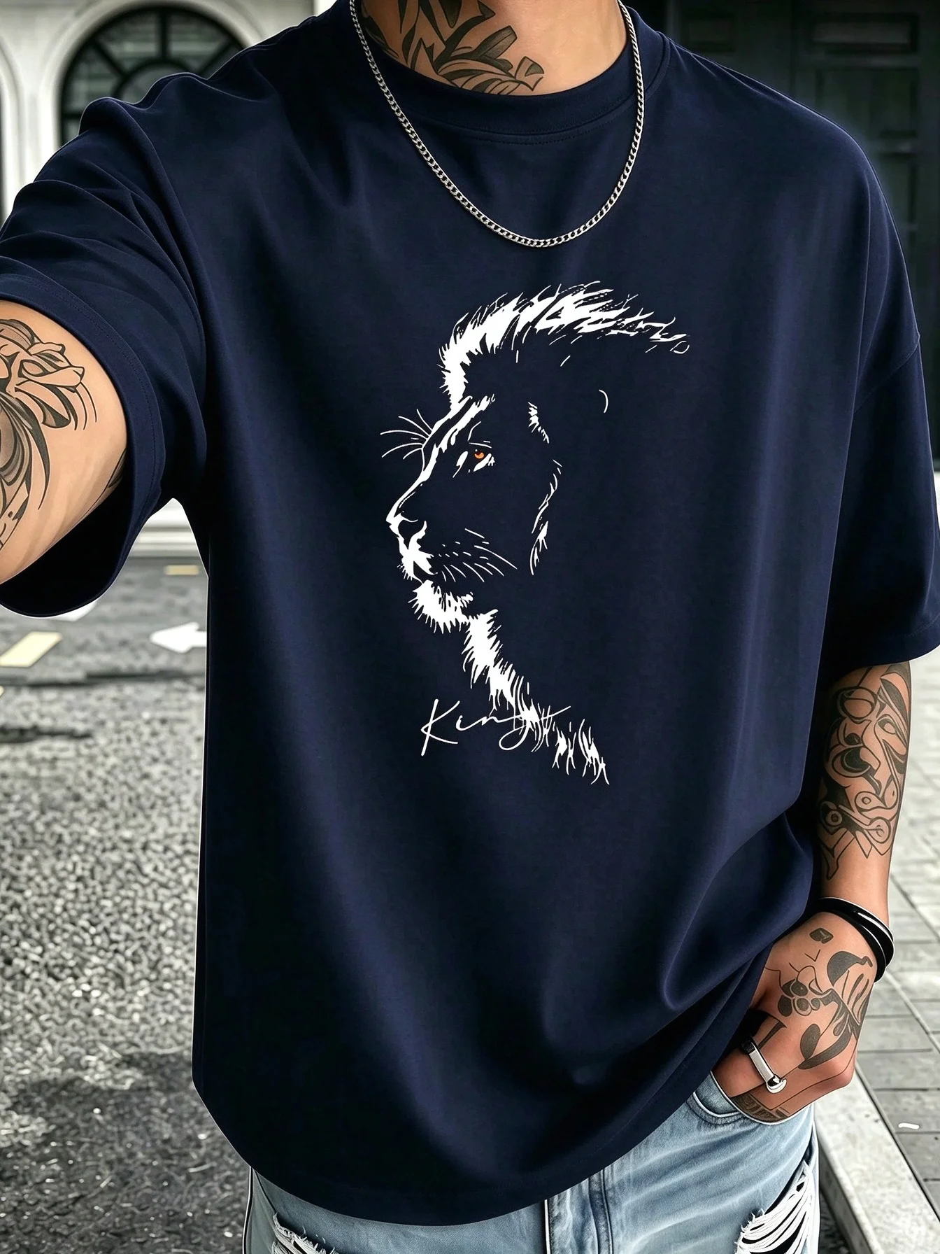 2026 New Pop King Family Matching Oversized Unisex T Shirt Lion King Silhouette Chest Graphic Tee Streetwear Cotton Top