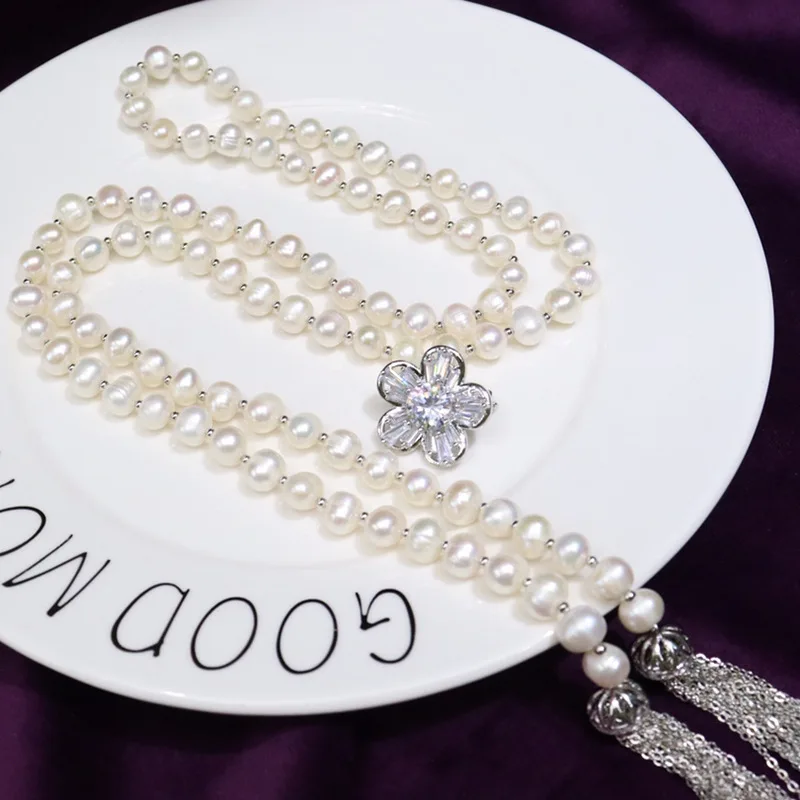 Natural Freshwater Pearl Necklace Sweater Chain 8-9mm Near Round Slightly Flawed Multiple Clasp Options Elegant Women 420