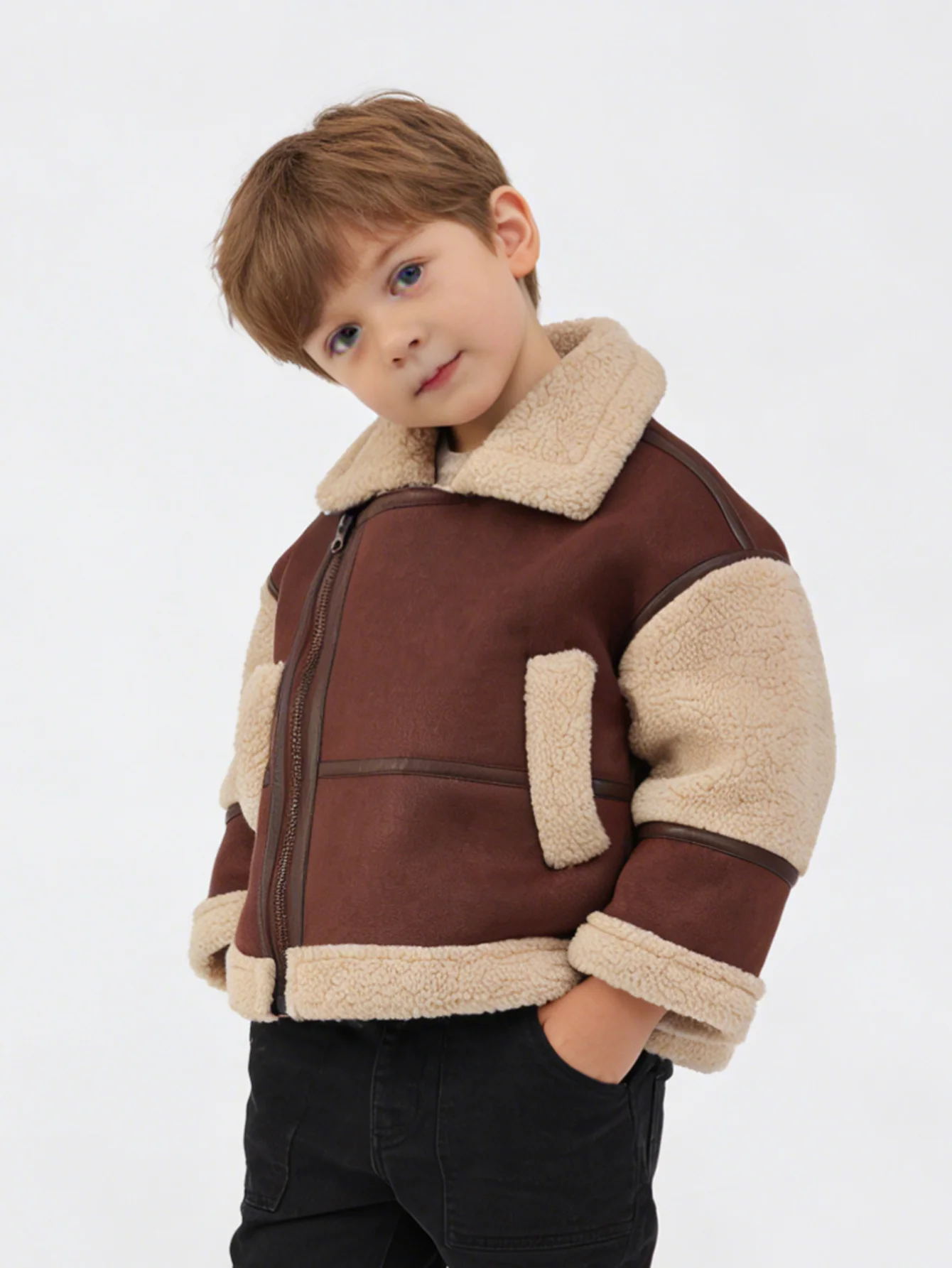 Boys Shearling Biker Jacket Kids Faux Shearling Suede Coat Children Contrast Panel Zipper Winter Outwear 2026 New