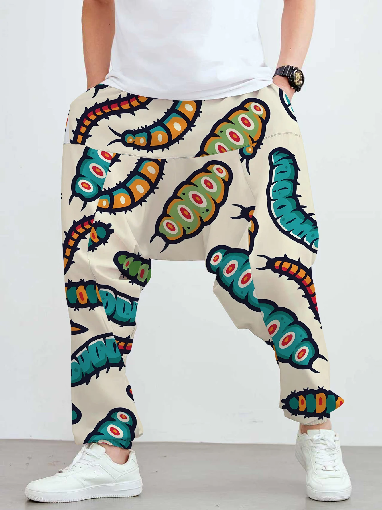 Men's ankle-length pants, featuring a cute caterpillar print, with a unique and fashionable pattern design.
