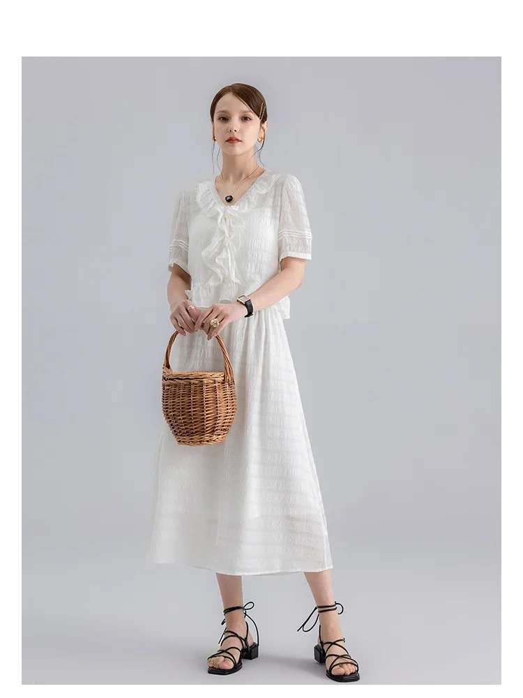 

Lofi White ort Sve irt Women's Summer Elegance Blouse f Skirt Two-Piece Set Cotton Fabric Faionable Ensemble