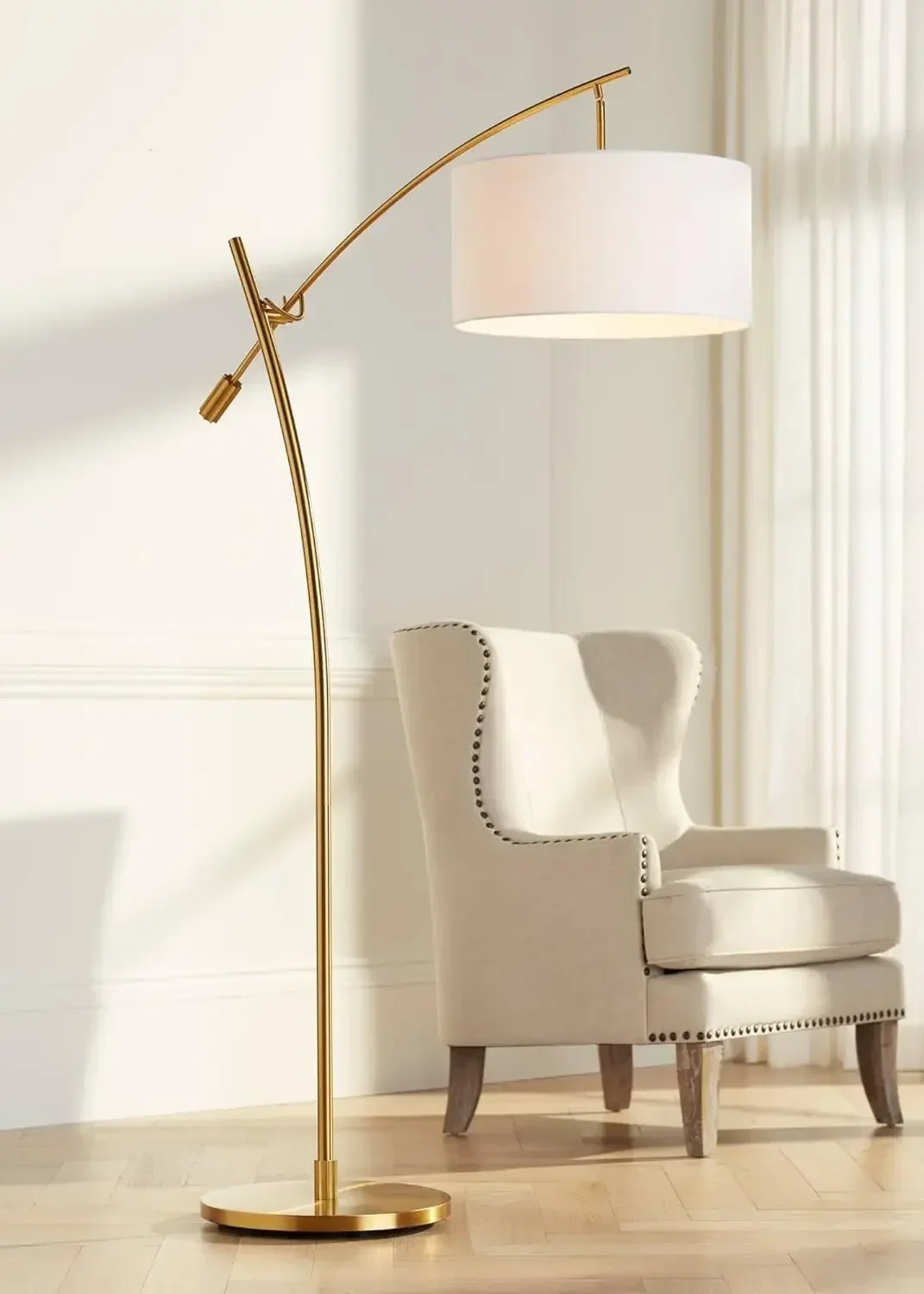 Arc Floor Lamp Metal Adjustable Arm Linen Drum Shade Living Room Reading Bedroom Home Office