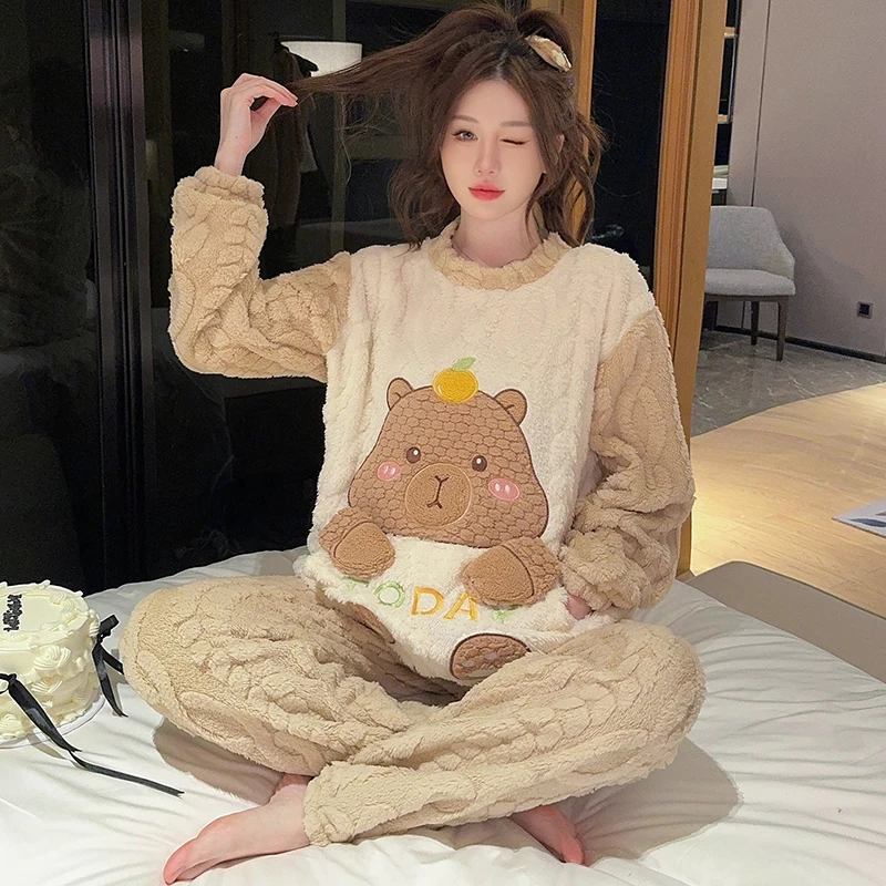 

Pajama Bottoms Sets Women Flannel Plaid Shrink Resistant Pocket Collared Long Sleeve Full Length Pants Winter Loungewear Warm OL