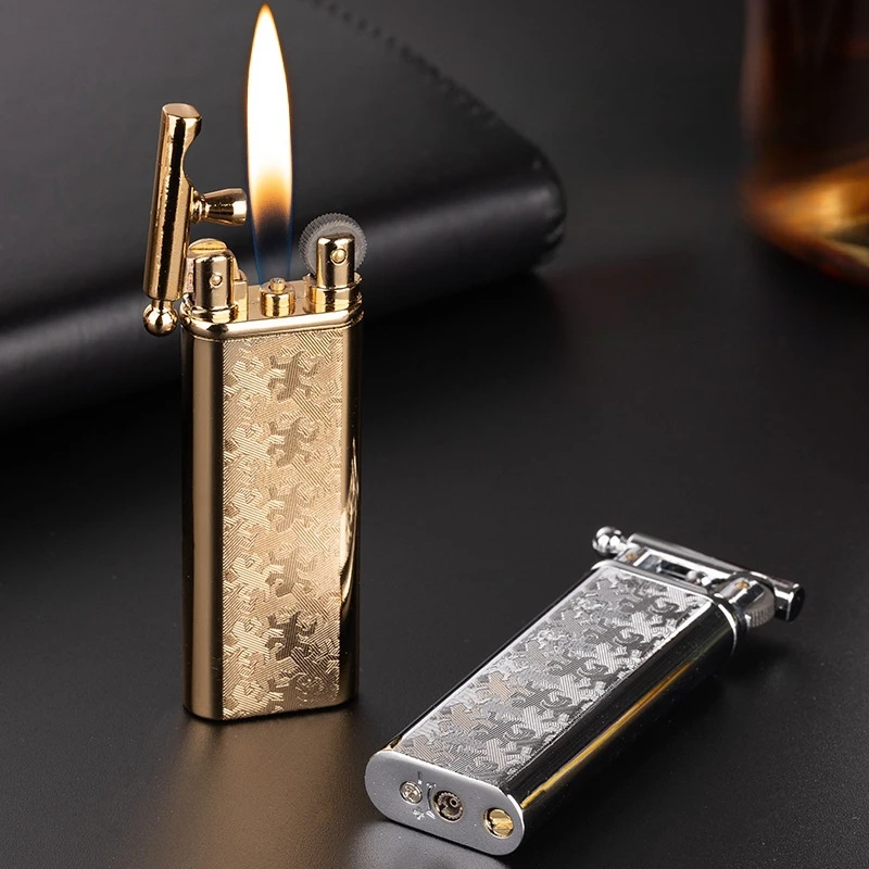 Metal Ultra Thin Relief Texture Open Fire Inflatable Lighter Classic Retro Grinding Wheel Ignite Portable Gas Lighters Smoking