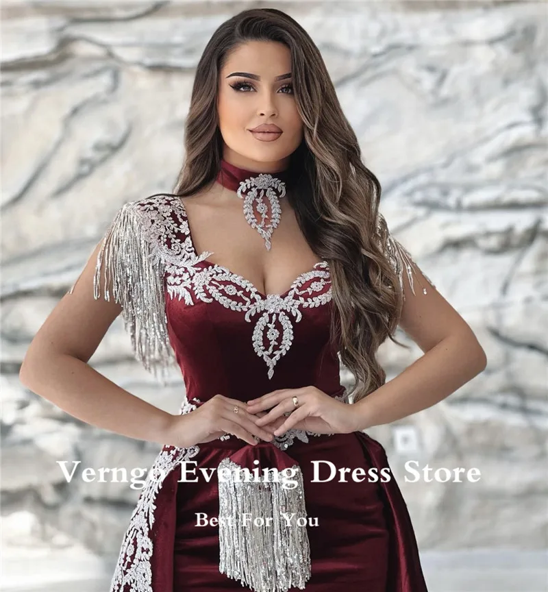 Verngo Dark Red Burgundy Velvet Mermaid Evening Dresses Kaftan Dubai Women Applique Tassel Slit Prom Gowns With Detachable Train