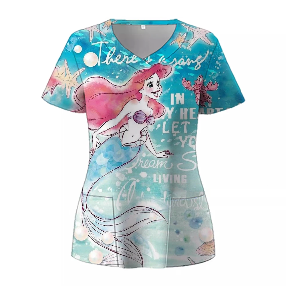 Nursing Uniforms Disney Princess Print Medical Working Clothes Women Men Beauty Salon Healthcare Short Sleeved Shirt Scrub Tops