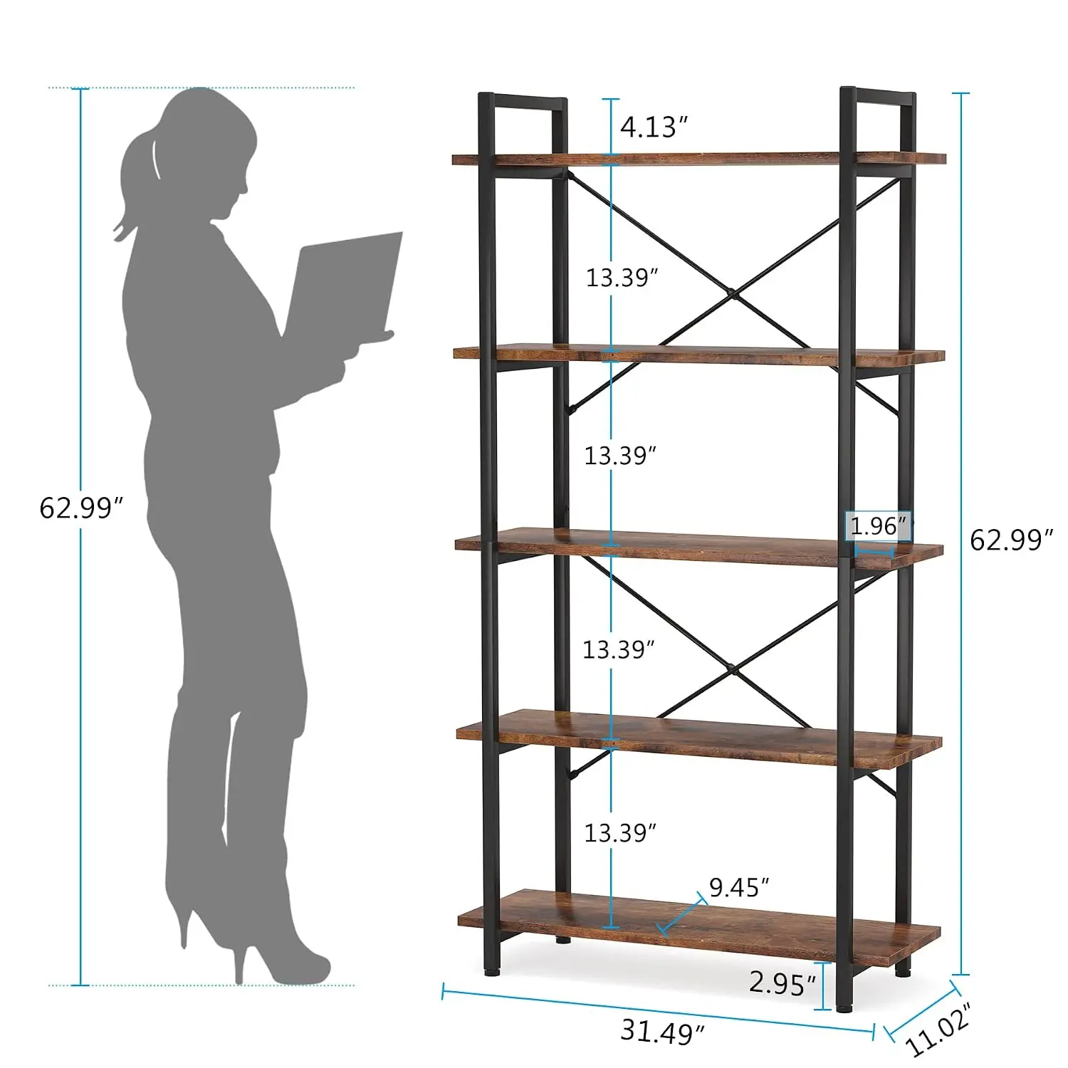 Industrial 5 Tier Bookshelf Set Of 2, Metal Frame Etagere Storage Shelf For Living Room Study Office, 2 Pack, Customized